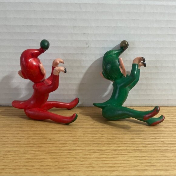 Vtg 50s Red Green Pixie Elf Figurines Ladybug Rubber Hangers Climbers Christmas - Picture 3 of 9